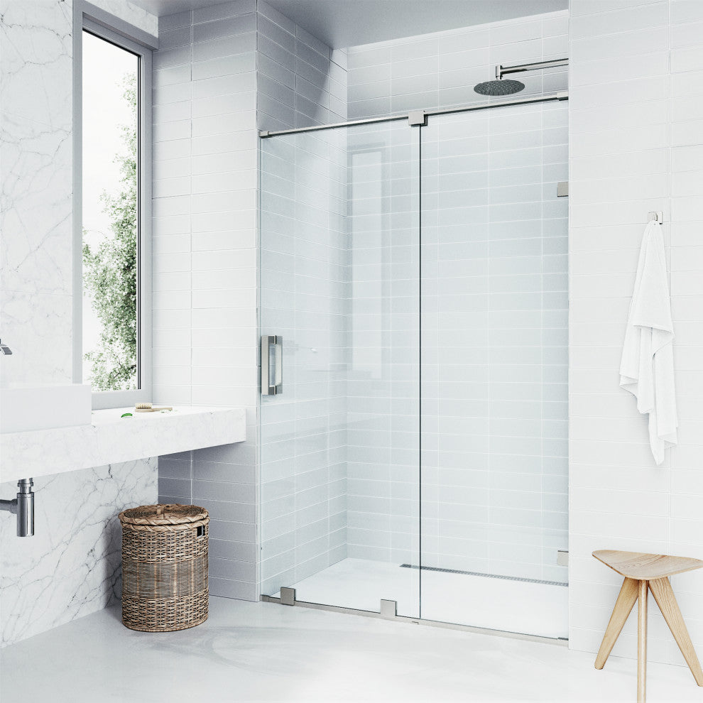 VIGO Ryland 60" to 62" W x 73" H Frameless Track Sliding Shower Door, Stainless Steel, Clear Glass