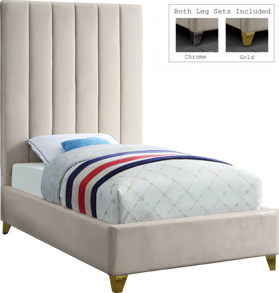 Via Velvet Upholstered Bed, Cream, Twin