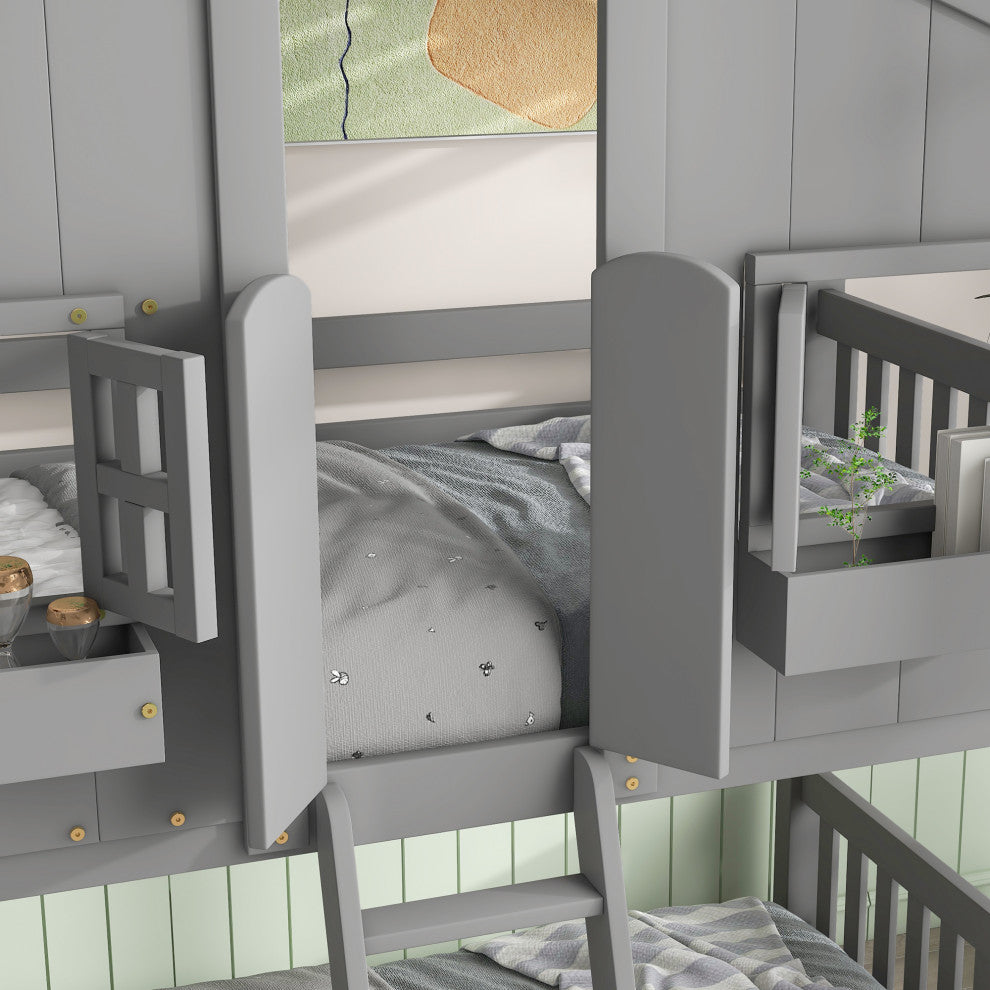 Twin over Twin Low Height Wood House Bunk Bed with Roof and Ladder, Grey