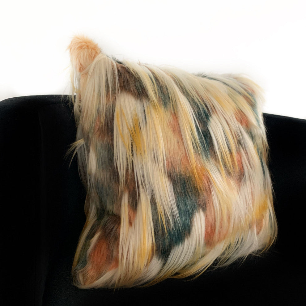 Plutus Multi-Color Fancy Feather Animal Faux Fur Luxury Throw Pillow, 22"x22"