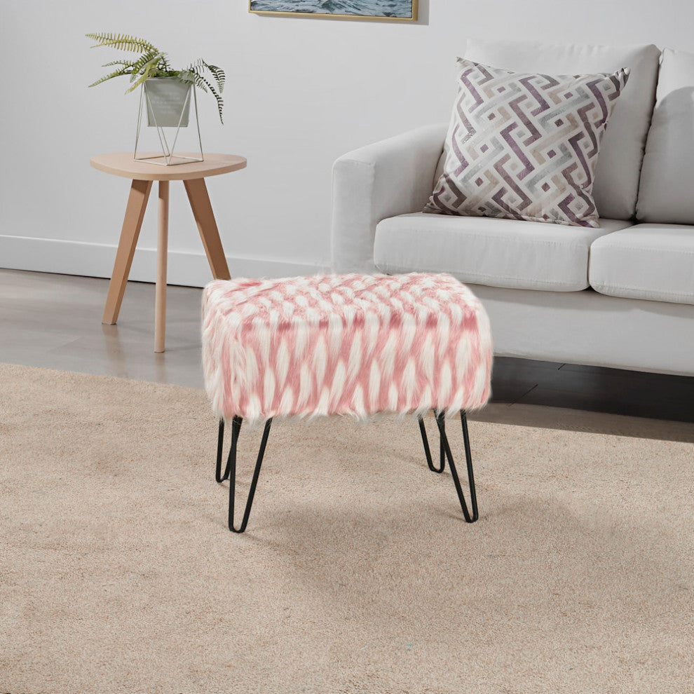 Feathery Faux Fur Ottoman, Pink, 19''x13''x17''