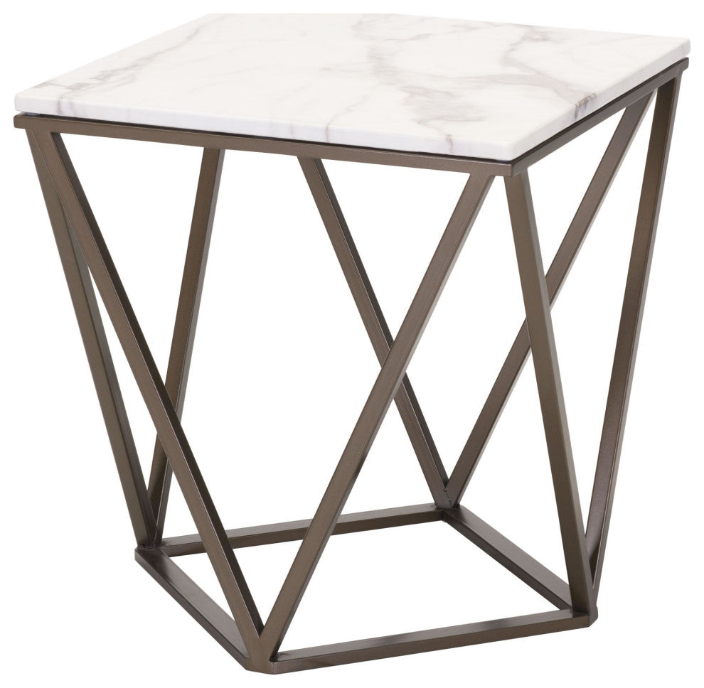 Sofa Side Table, Square, Artificial Marble, Sttel Metal, White, Antique Brass