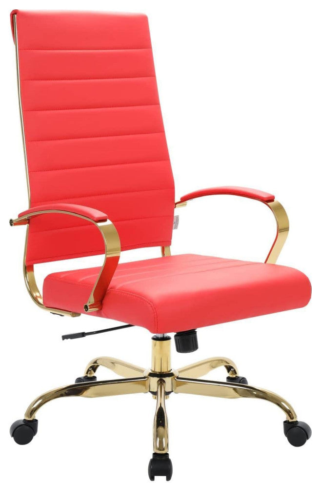 LeisureMod Benmar High-Back Leather Office Chair With Gold Frame Red
