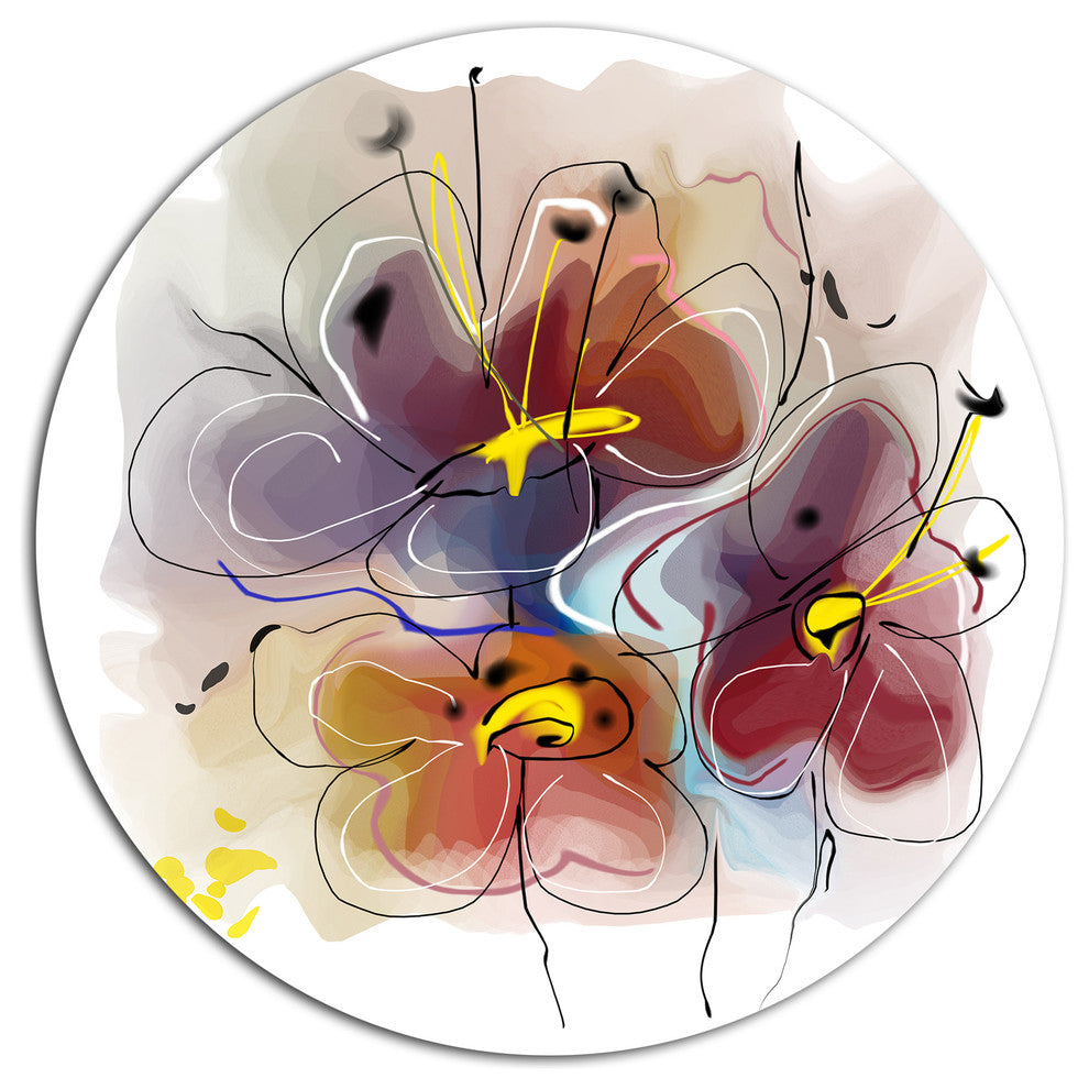 Brown Blue Flower Illustration Art, Floral Round Wall Art, 38"
