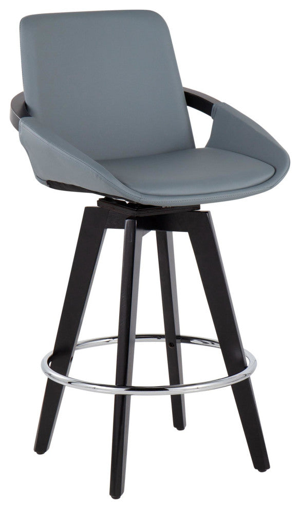 Cosmo Swivel Fixed-Height Counter Stool, Set of 2, Black Wood/Chrome/Gray PU