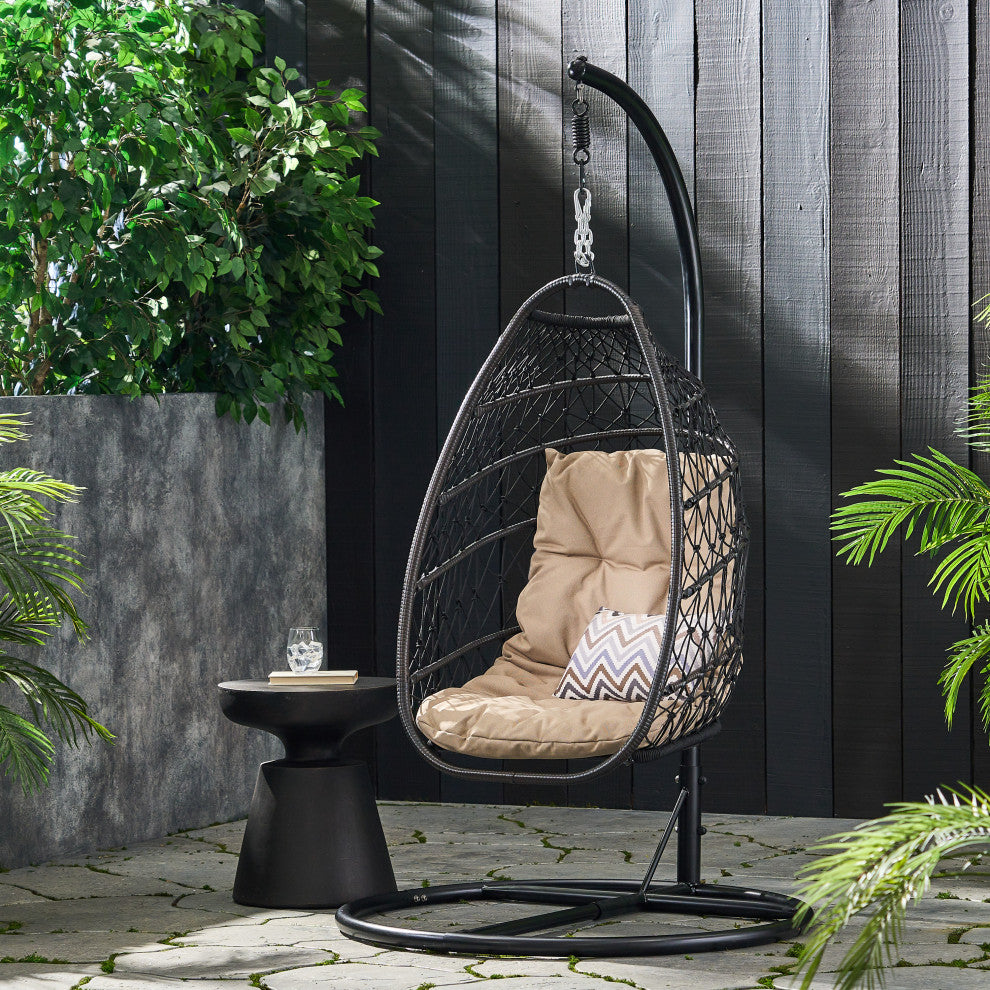 Coloma Outdoor Wicker and Rope Foldable Hanging Chair With Stand, Multibrown/Tan