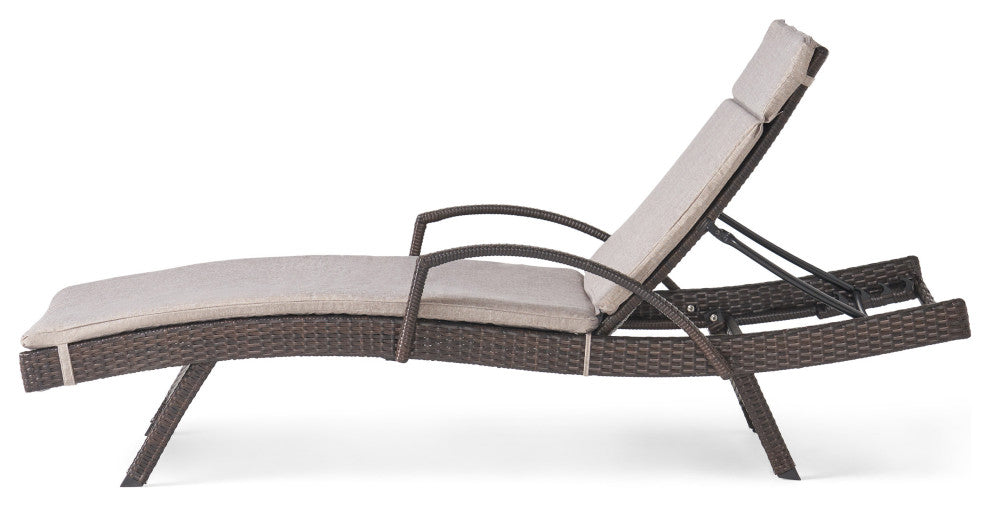 GDF Studio Ann Outdoor Wicker Adjustable Chaise Lounge, Arms With Cushion, Charc