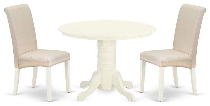3Pc Dinette Set, Round Dining Table, Two Parson Chairs, Cream Fabric, White