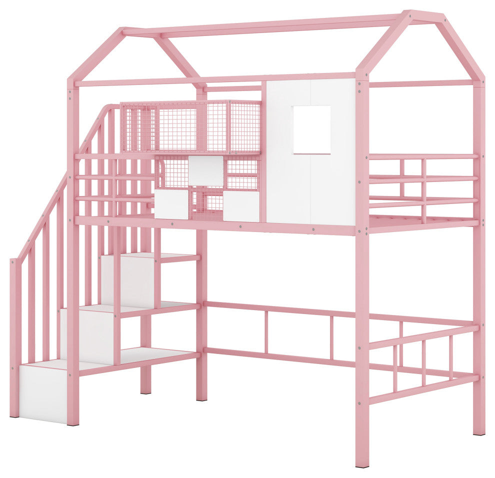 Gewnee Metal Loft Bed with roof design and a storage box, Twin, Pink