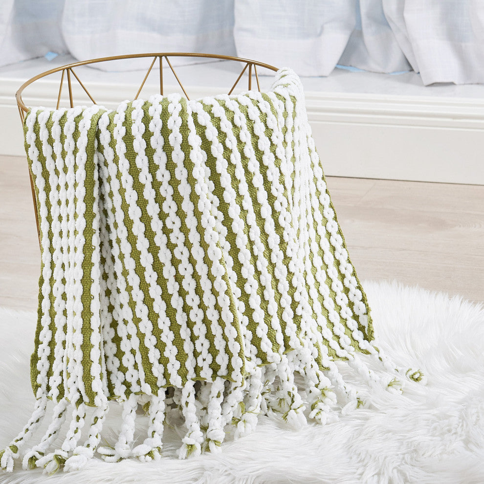 Chain Tweed Knit Throw Blanket, Green Olive