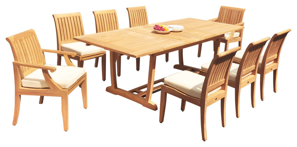 9-Piece Outdoor Teak Dining: 94" Masc Rectangle Extension Table, 8 Lagos Chairs