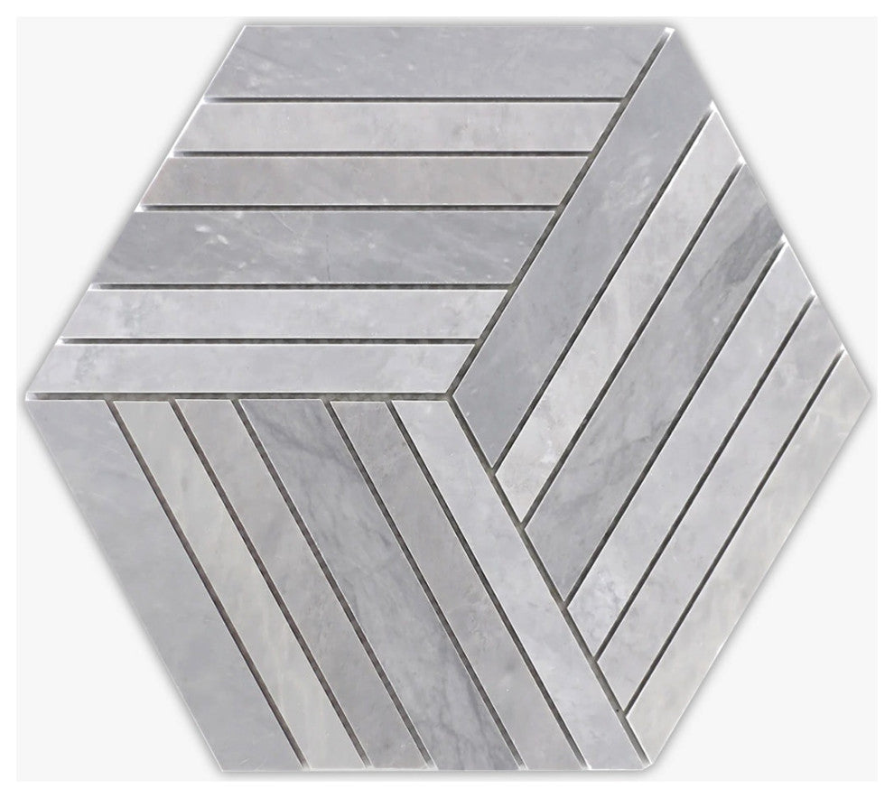 Mountain Gray Honed 12" Striped Hexagon Marble Mosaic
