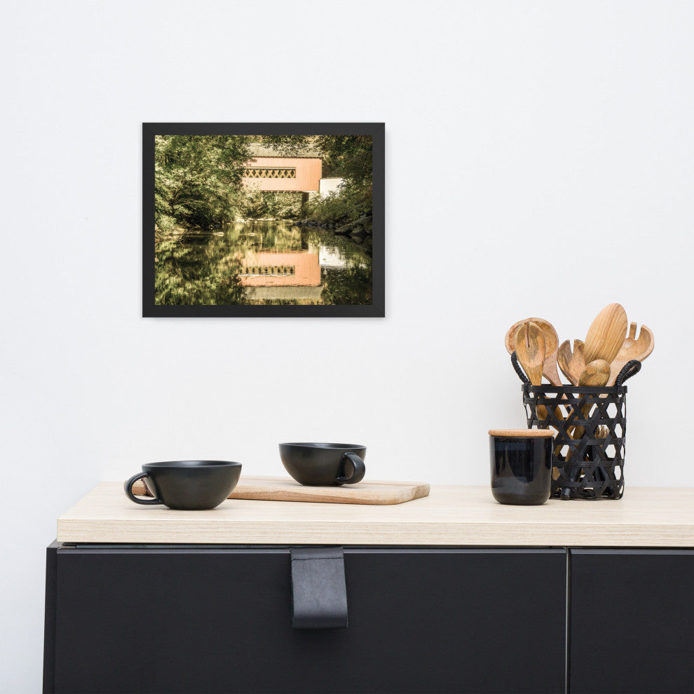 The Reflections of Wooddale Covered Bridge Aged Framed Photo Wall Art Print, Black, 11" X 14"