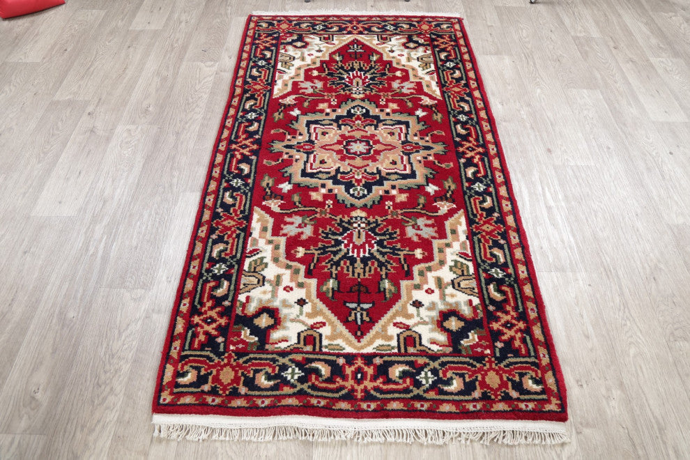 Hand-Knotted Heriz Oriental Traditional Indian Area Rug, Red, 5'4"x3'0