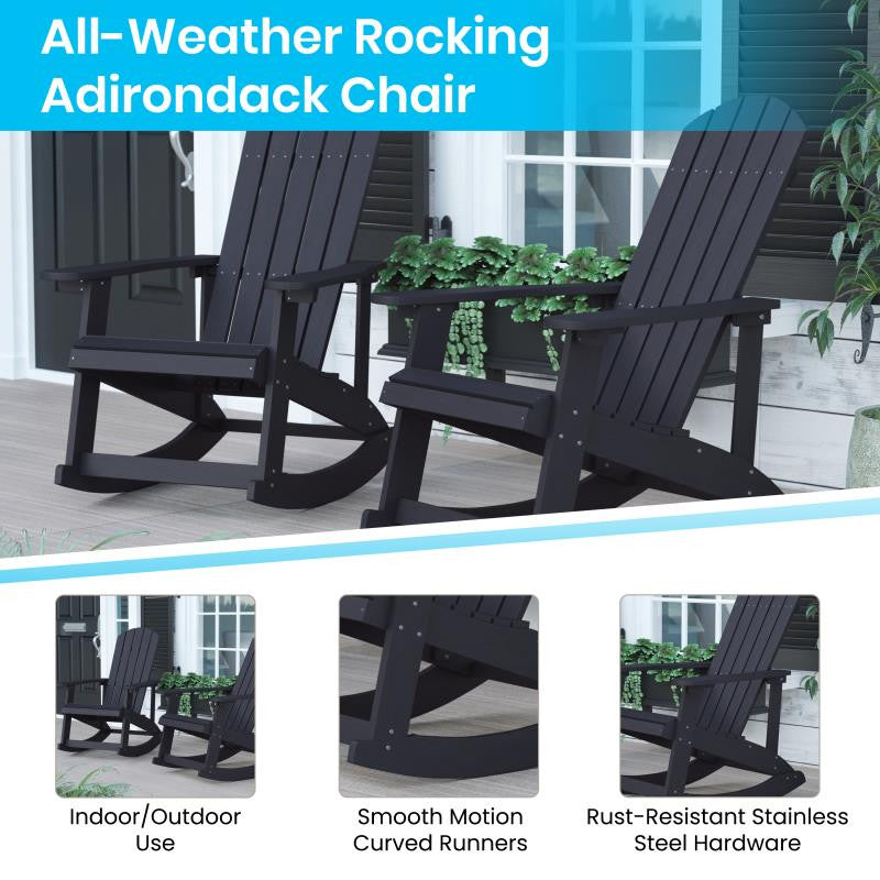 Savannah Set of 4 Outdoor Rocking Adirondack Chairs w/ 22" Round Fire Pit, Black