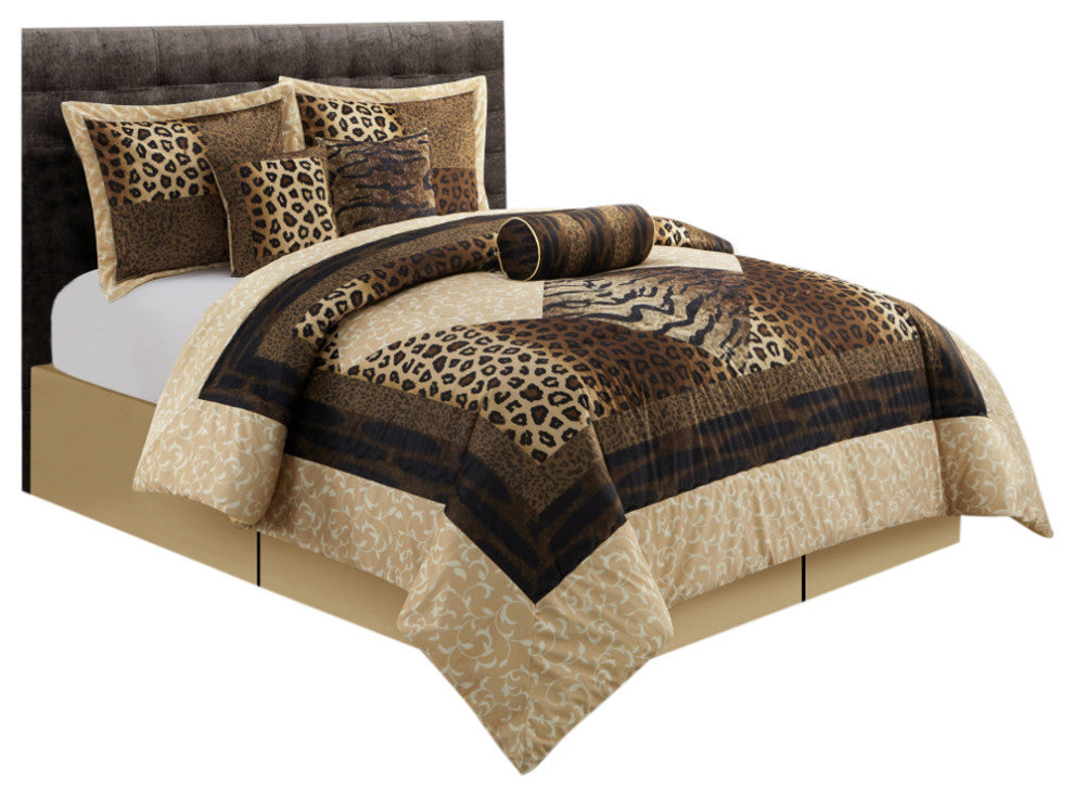 Tucson Leopard Print 7-Piece Bedding Comforter Set, Brown, Queen