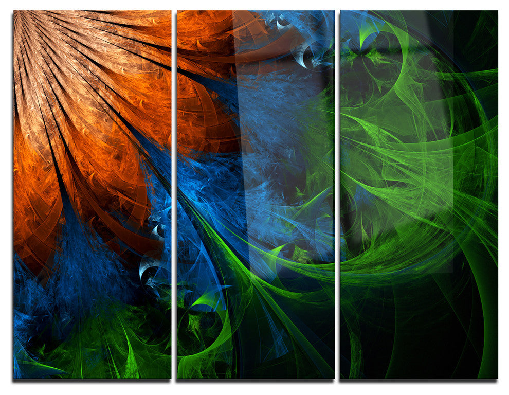 "Fractal Flower Orange and Blue" Digital Metal Wall Art, 3 Panels, 36"x28"