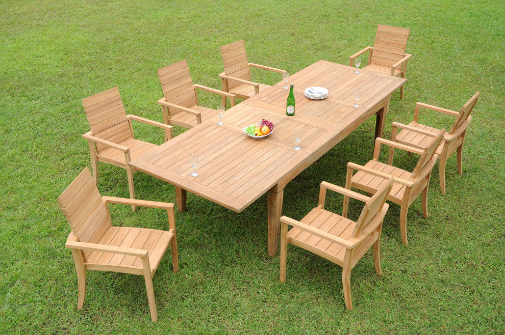 9-Piece Outdoor Teak Dining Set: 122" Rectangle Table 8 Alps Stacking Arm Chairs