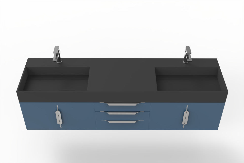 CastelloUSA Amazon 72" Wall Mounted Vanity Set, Blue, Black Top, Chrome Handles