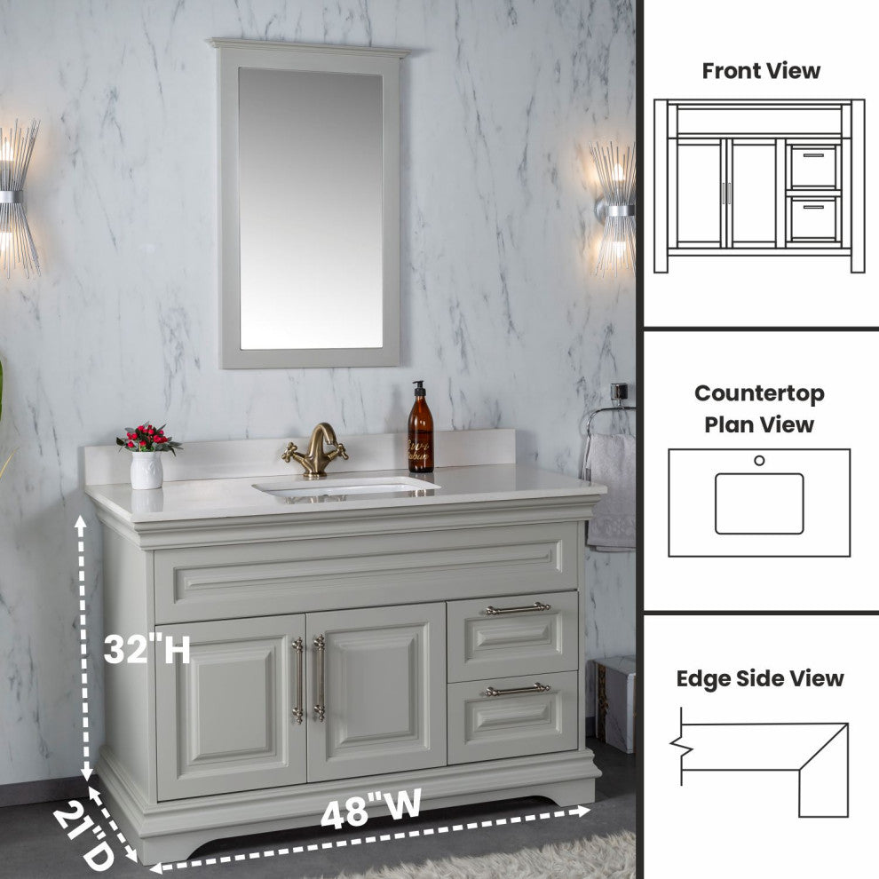 Romana Collection 48" Bathroom Vanity With Sink, Mirror, Countertop, Gray