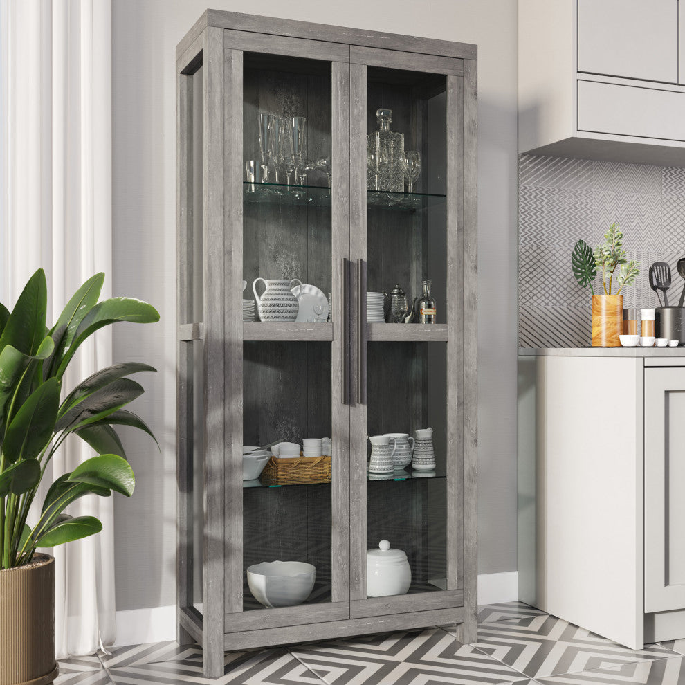 Curio Storage Cabinet with Tempered Glass Doors, Display Cabinet, Gray Wash