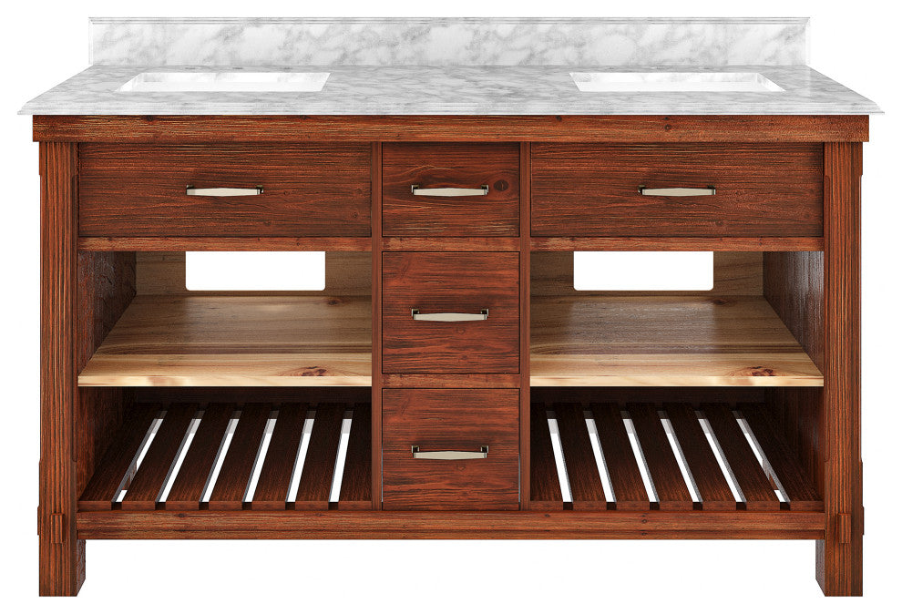 Freestanding Bath Vanity in Brown with White Carrara Marble Top, 60in