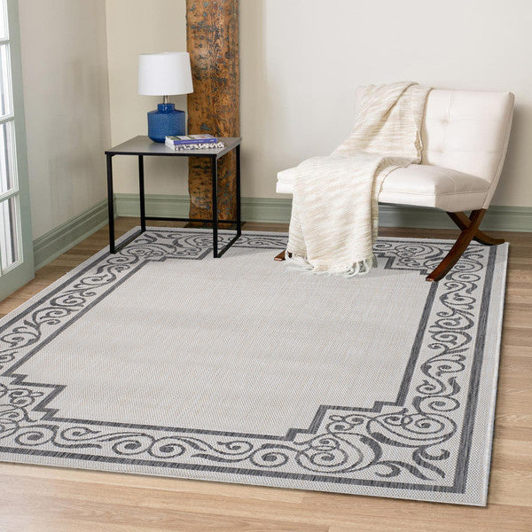 5" x 7" Gray Ornate Border Indoor Outdoor Area Rug