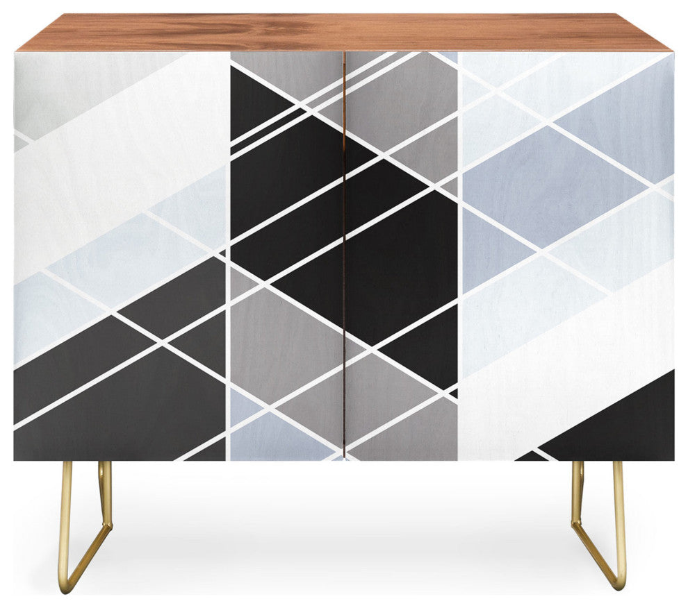 Deny Designs Nordic Slant Geometric Credenza, Walnut, Gold Steel Legs