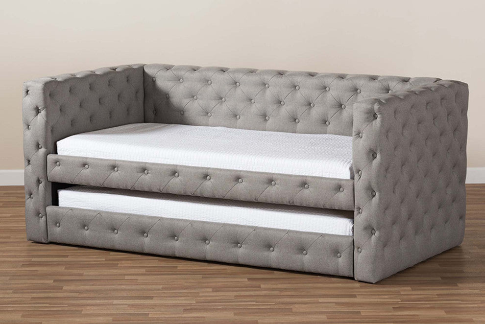 Raven Fabric Tufted Upholstered Daybed With Trundle, Twin Size, Gray