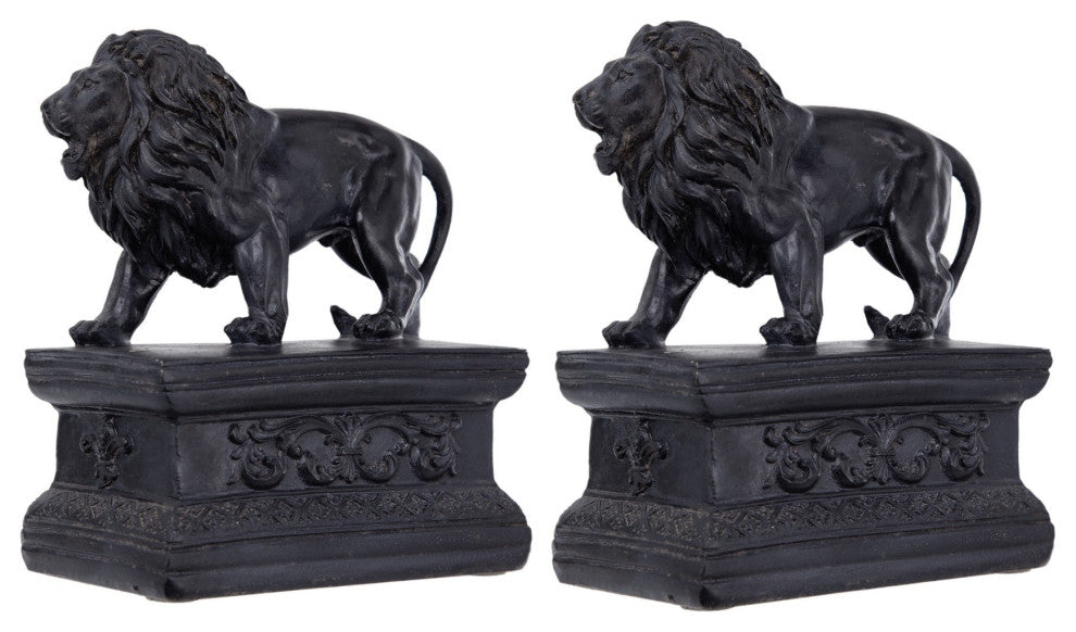 Benzara 2-Piece Set Bookends, Lion Statuette Figurines, Glossy Black Resin
