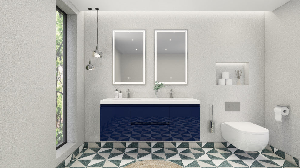 Belli 60" Double Sink Wall Mount Vanity Set, High Gloss Blue, Glossy White Top