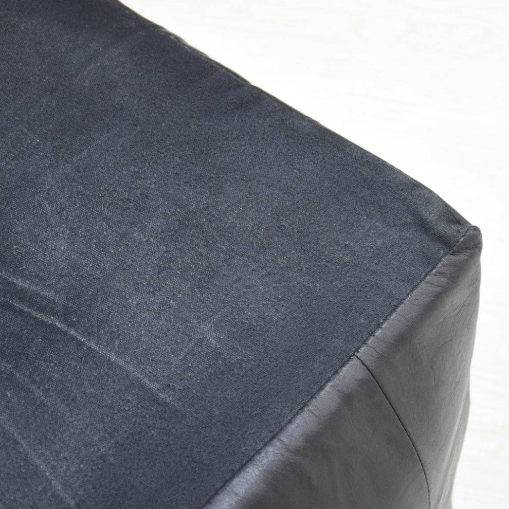 Geometric Handmade Leather Pouf (Recycled Foam with Fibre Fill) Black, [Square]18x18x18