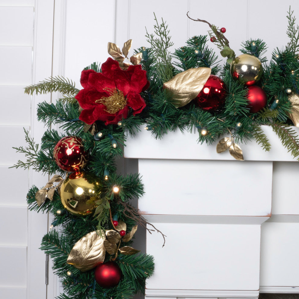 9' Artificial Christmas Garland with Lights, Golden Leaf Red Magnolia