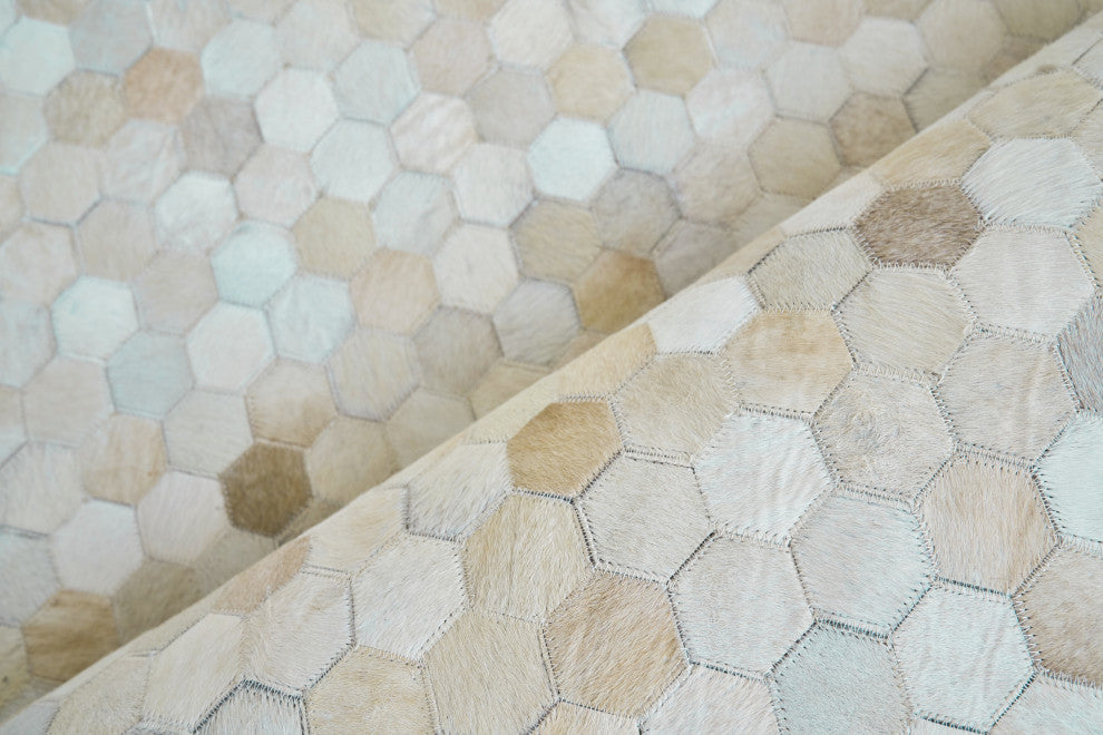 Mosaic Leather Cowhide Light Beige Area Rug