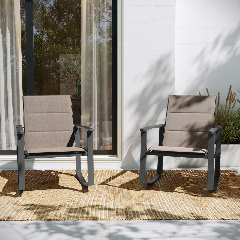 Set of 2 Outdoor Rocking Chairs with Flex Comfort Material and Metal Frame, Brown/Black