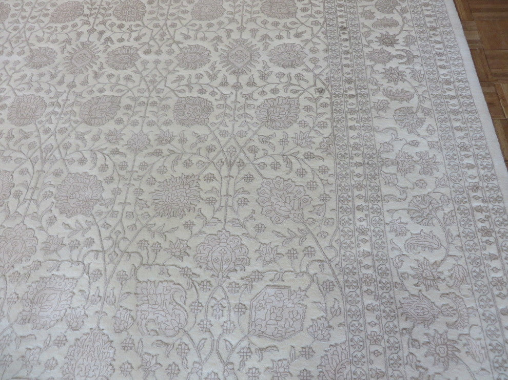 9x12 Hand Knotted Tone On Tone Fine Tabriz Ivory With Silk Oriental Rug