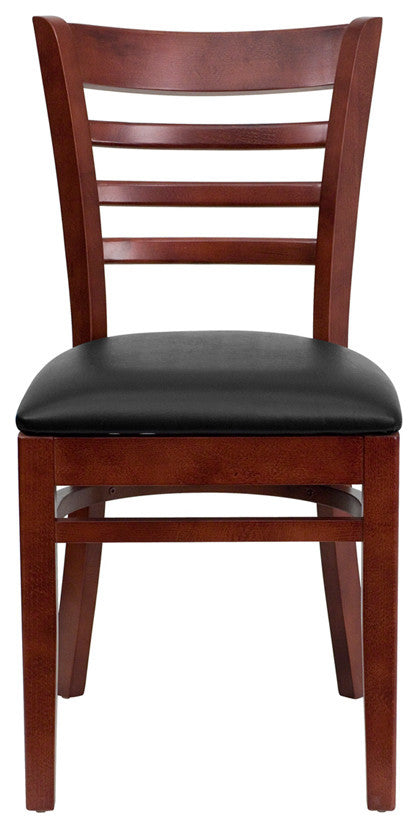 Ladder Back Mahogany Wood Restaurant Chair, Black Vinyl Seat
