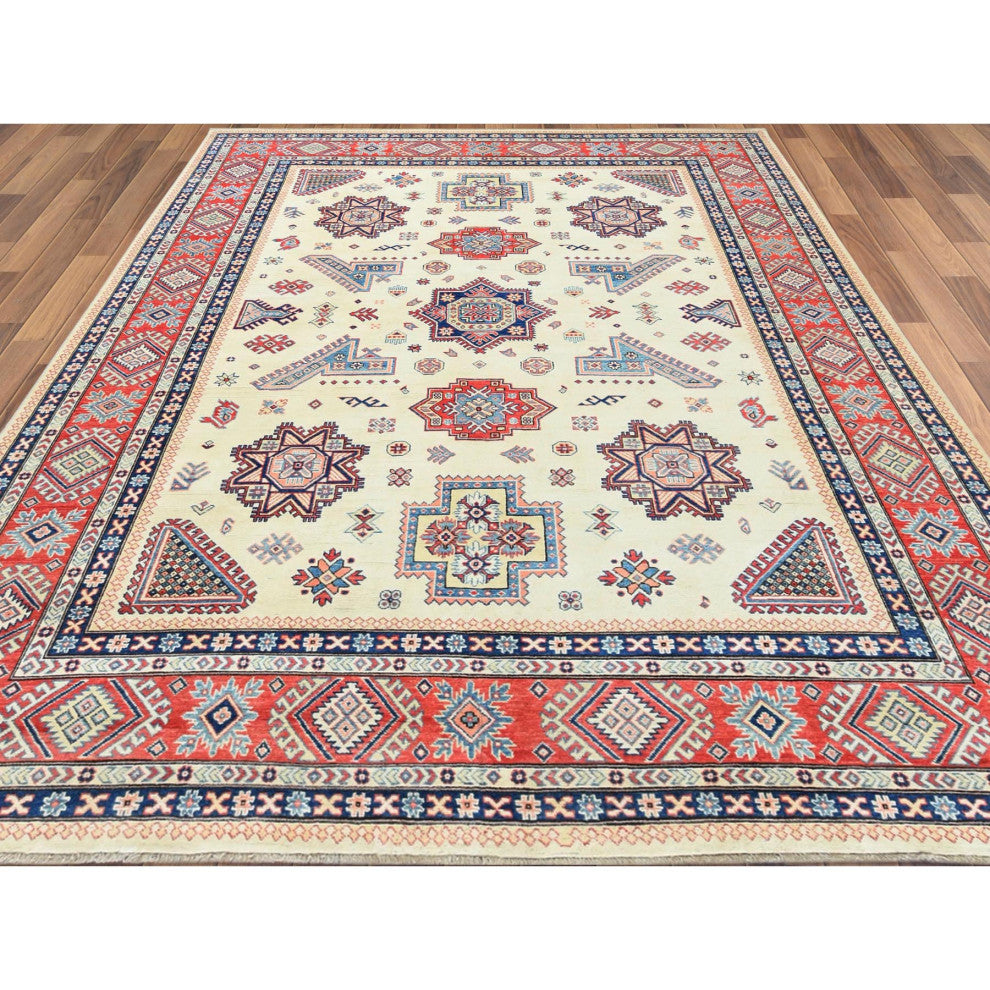 Afghan Special Kazak Shiny Wool Hand Knotted Ivory Oriental Rug 8'10" x 11'9"