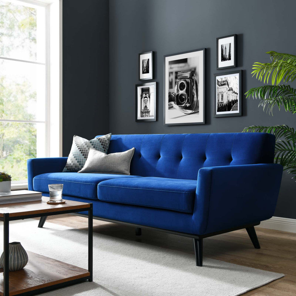 Sofa, Blue Navy, Velvet, Modern, Mid Century Living Hotel Lounge Cafe Lobby