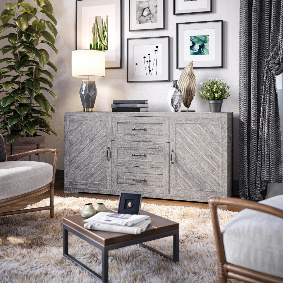Sideboard, Console Table Or Buffet With Three Drawers & Four Shelves, Gray Wash