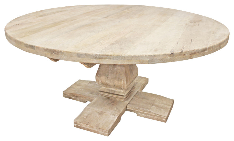 Benedict 70" Round Dining Table, Solid Mango Wood With White Wash