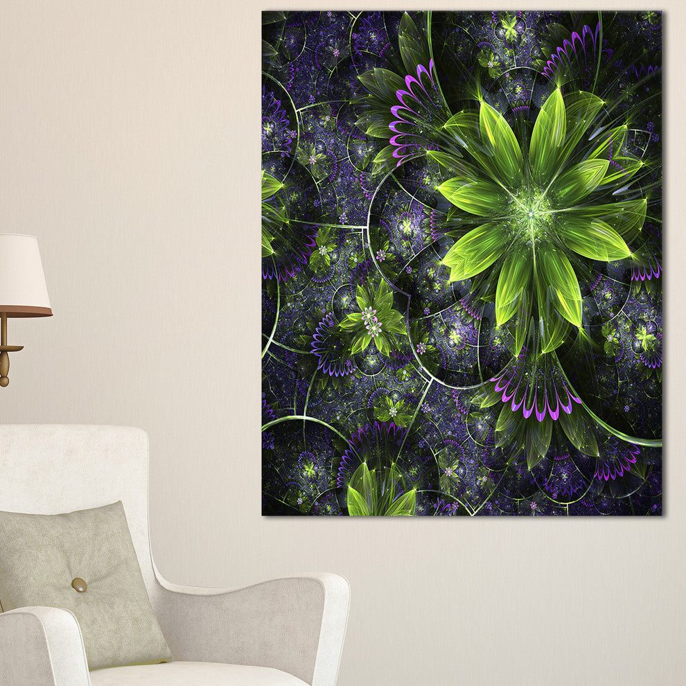 "Glossy Green Purple Fractal Flowers" Floral Wall Art Canvas, 20"x40"