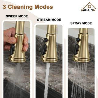 CASAINC Kitchen Faucet Centerset Bridge 3-Function 2-Handle Pull-Down Spray, Brushed Gold