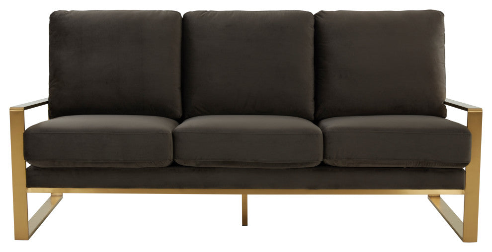 LeisureMod Jefferson Modern Design Velvet Sofa With Gold Frame, Dark Gray