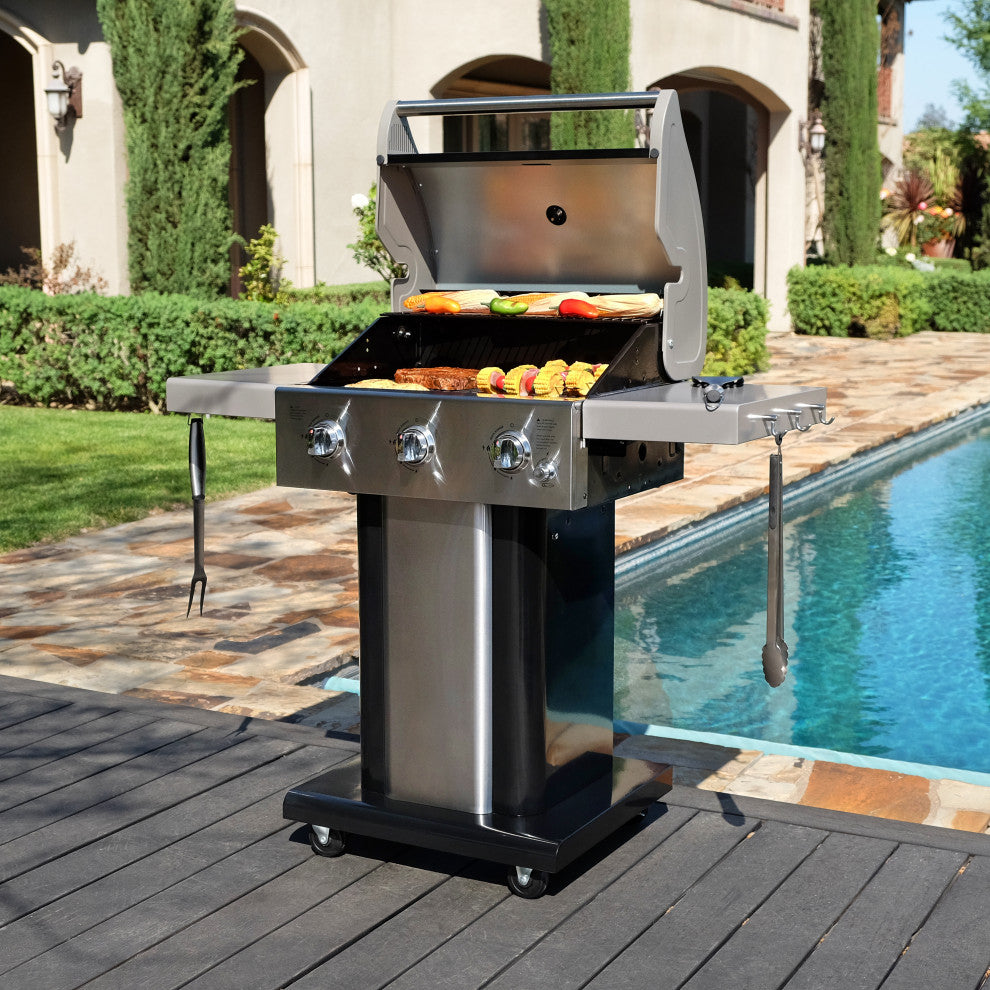 Permasteel 3 Burner Propane Gas Grill with Folding Side Shelves, Black