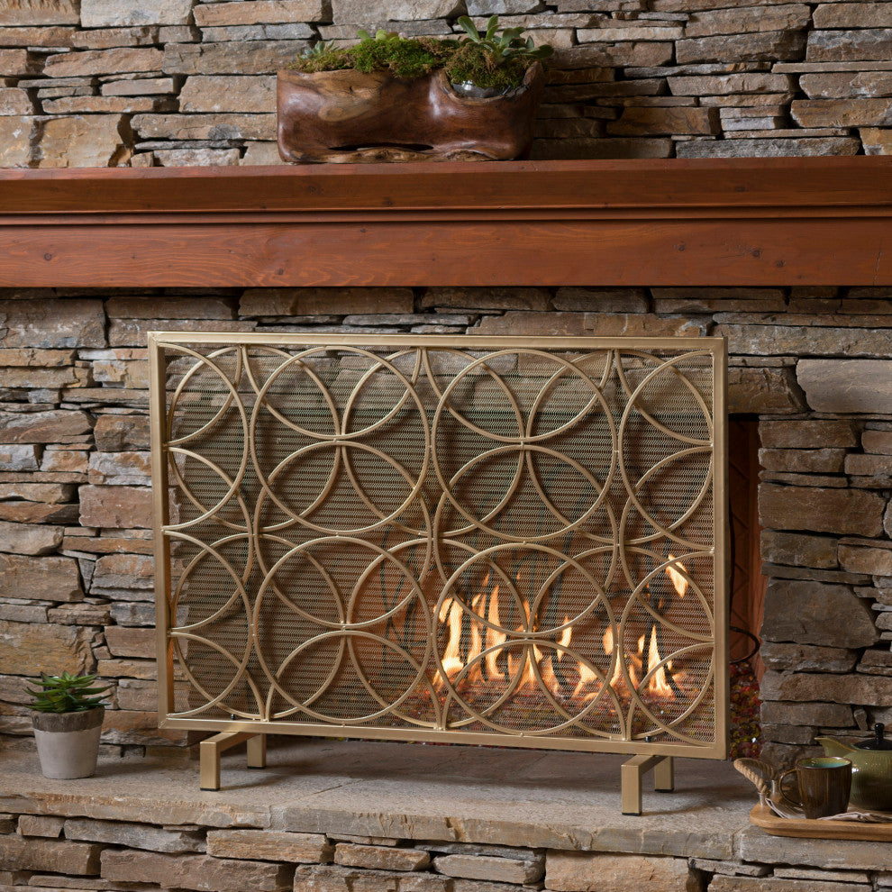 GDF Studio Veritas Single Panel Black Iron Fireplace Screen, Gold