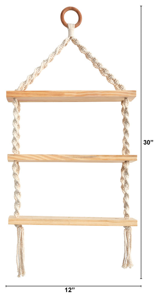 7127 2.5x1 Three Tier Handmade Boho Macrame Wall Hanging With Wooden Shelf