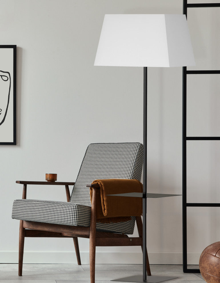 Gretchen 1-Light Square Floor Lamp with Shelf, Matte Black, White Shade