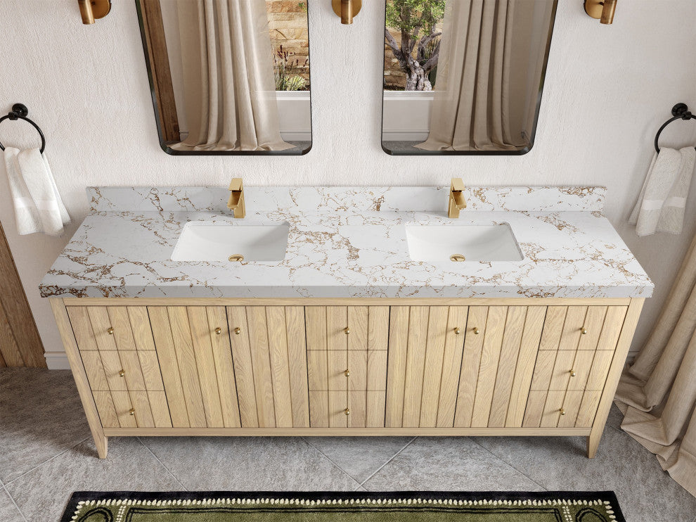 Atlanta Oak 84" Double Sink Bath Vanity, White 2" Viola Gold
