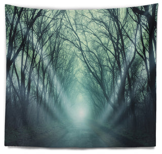 Fall Forest Path with Green Light Landscape Photography Wall Tapestry, 92"x78"